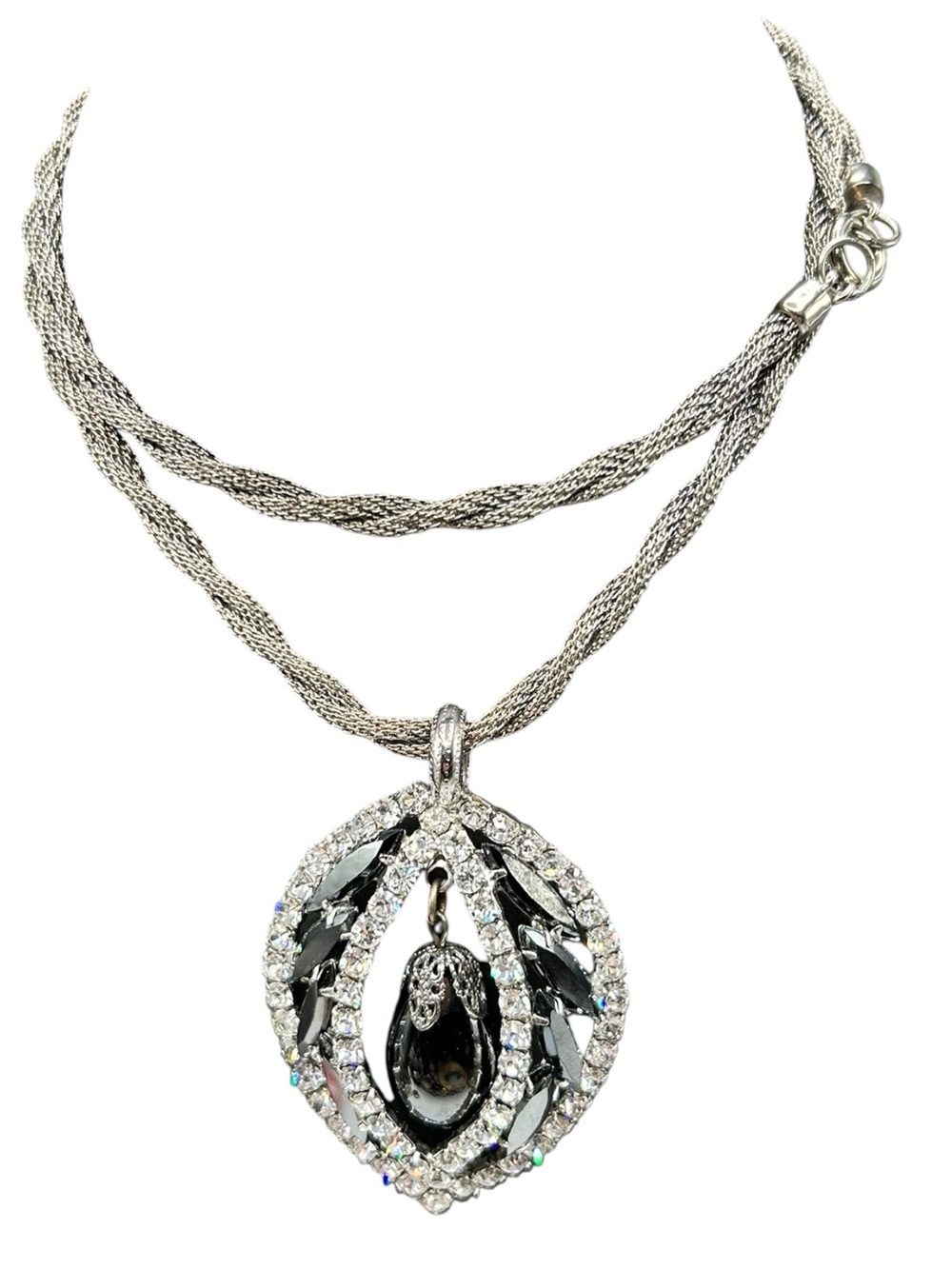 Vintage Juliana Hematite Glass Drop Rhinestone Pendant Necklace
